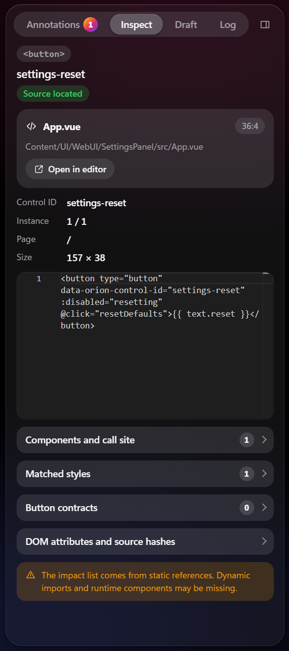 Inspect tab: the settings-reset control was clicked
