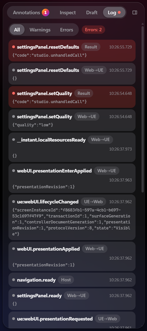 Log tab: after Low and Restore defaults were clicked in Browse