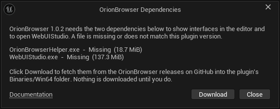 The first click on the WebUIStudio button: both files are missing